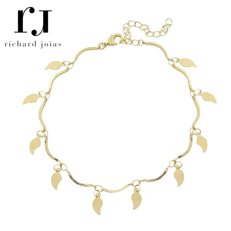 TORNOZELEIRA FOLHEADO A OURO C/ PINGENTES DE FOLHA