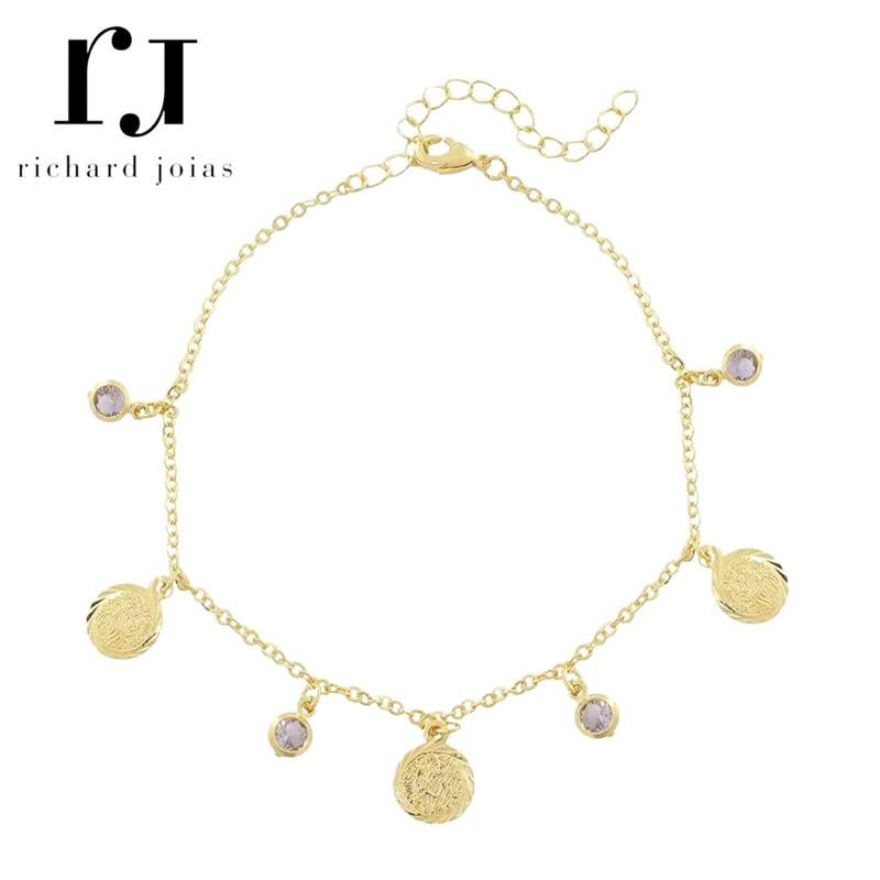 TORNOZELEIRA FOLHEADO A OURO C/ MEDALHA DE SÃO BENTO E PONTO DE LUZ