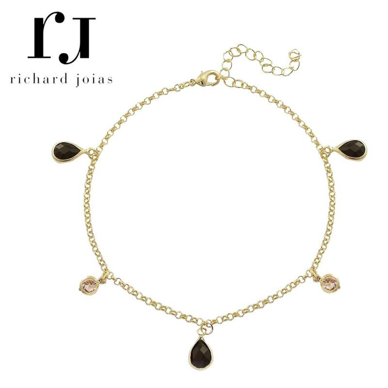 TORNOZELEIRA FOLHEADO A OURO C/ GOTAS E PONTO DE LUZ