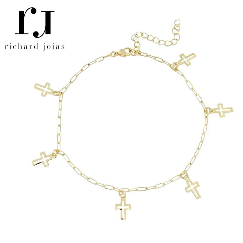 TORNOZELEIRA FOLHEADO A OURO C/ CRUZ VAZADA