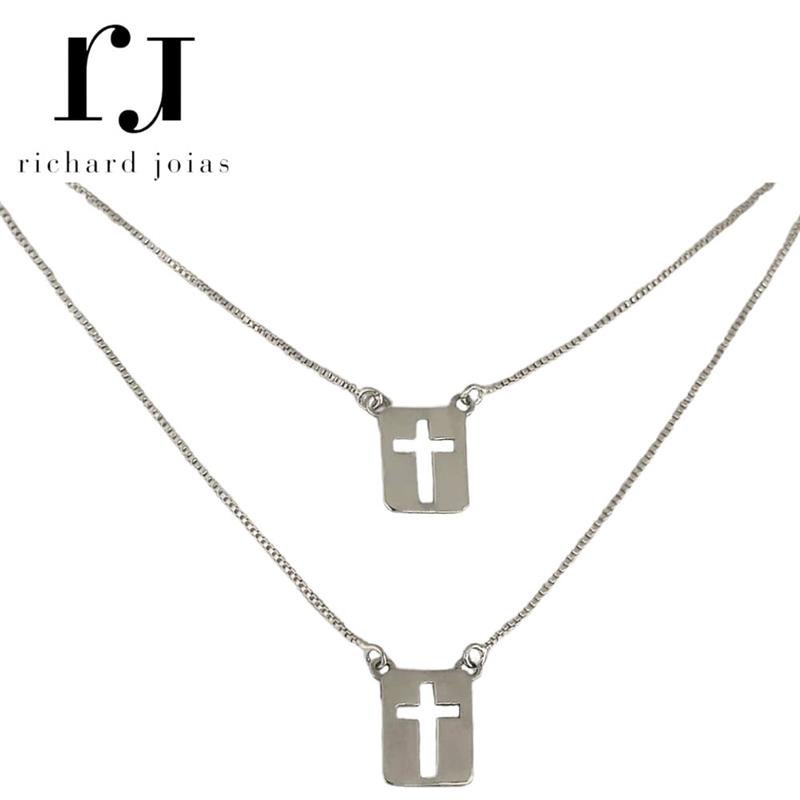 ESCAPULÁRIO DE PRATA 925 CRUZ VAZADO C/ CORRENTE VENEZIANA 60CM