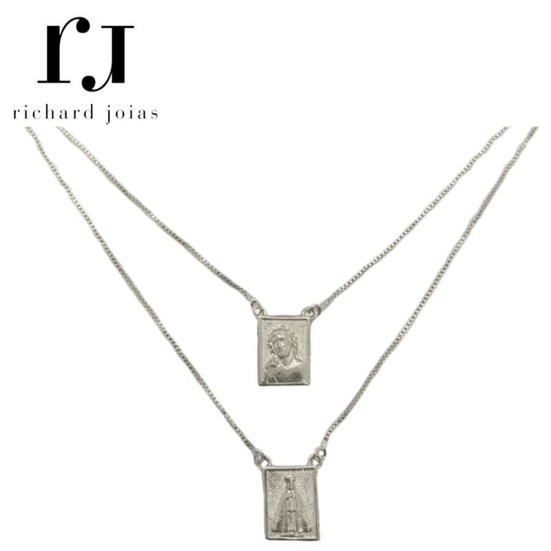 ESCAPULÁRIO DE PRATA 925 NOSSA SENHORA APARECIDA C/ CORRENTE VENEZIANA 60CM