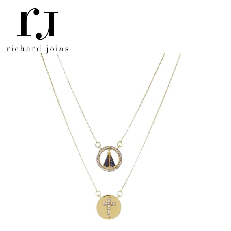 ESCAPULÁRIO FOLHEADO A OURO VENEZIANA 60CM C/ PINGENTES NOSSA SRA APARECIDA E CRUZ