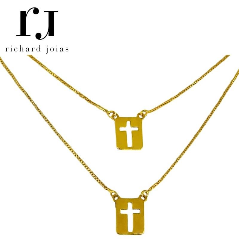 ESCAPULÁRIO DE MOEDA CRUZ VAZADO C/ CORRENTE VENEZIANA FOLHEADA A OURO 60CM