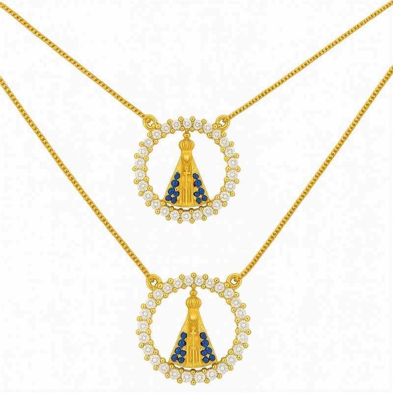 ESCAPULÁRIO DE MOEDA NOSSA SENHORA APARECIDA C/ CORRENTE VENEZIANA FOLHEADA A OURO 60CM