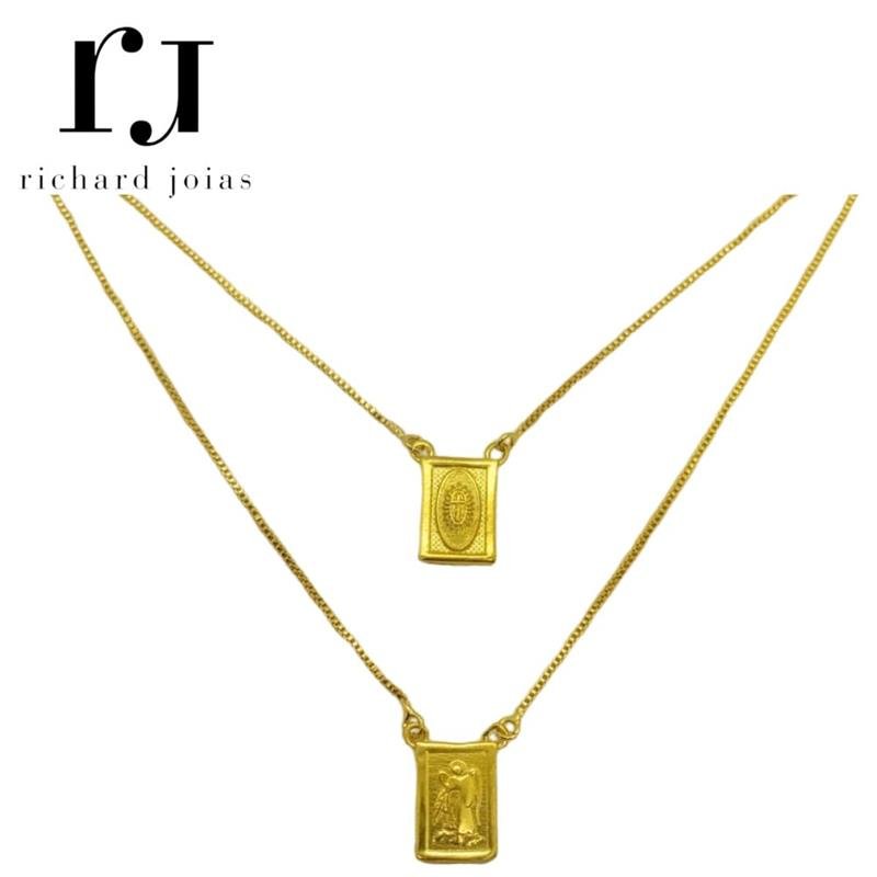 ESCAPULÁRIO DE MOEDA SÃO MIGUEL ARCANJO C/ CORRENTE VENEZIANA FOLHEADA A OURO 60CM