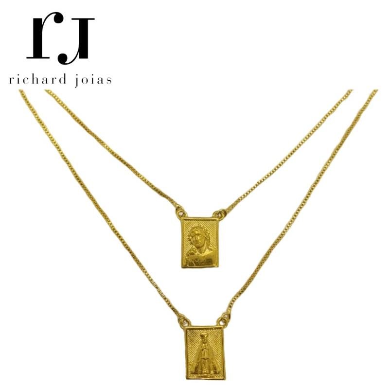 ESCAPULÁRIO DE MOEDA NOSSA SENHORA APARECIDA E JESUS C/ CORRENTE VENEZIANA FOLHEADA A OURO 60CM