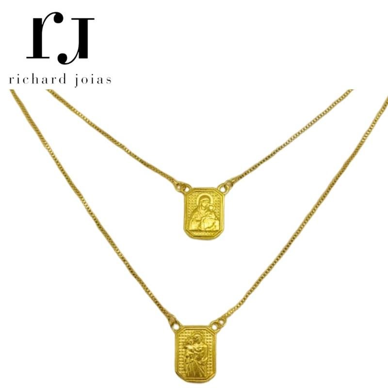 ESCAPULÁRIO DE MOEDA SANTO ANTÔNIO C/ CORRENTE VENEZIANA FOLHEADA A OURO 60CM
