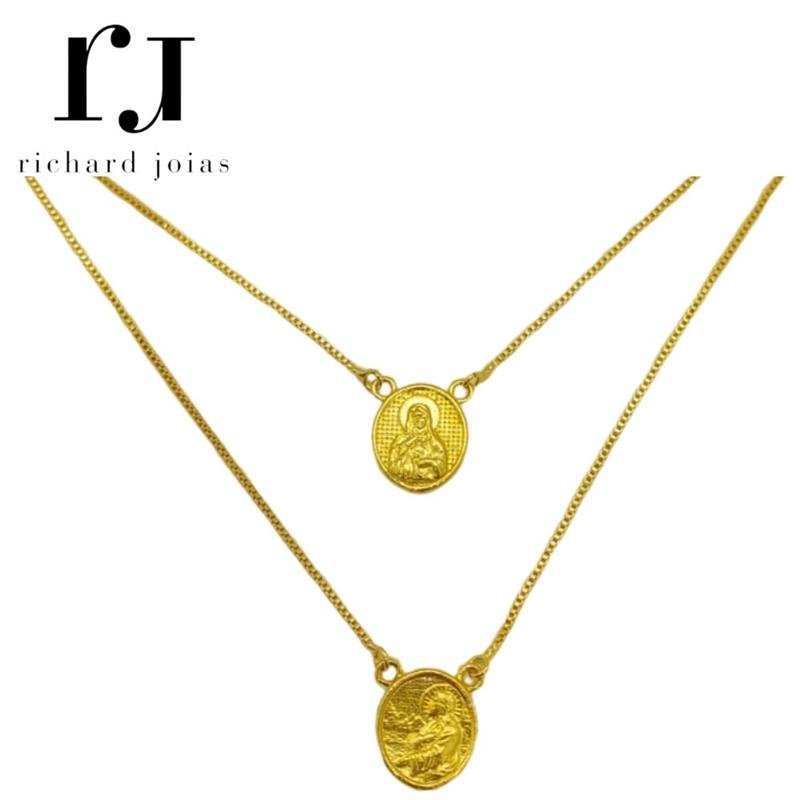 ESCAPULÁRIO DE MOEDA SAGRADO CORAÇÃO DE JESUS C/ CORRENTE VENEZIANA FOLHEADA A OURO 60CM