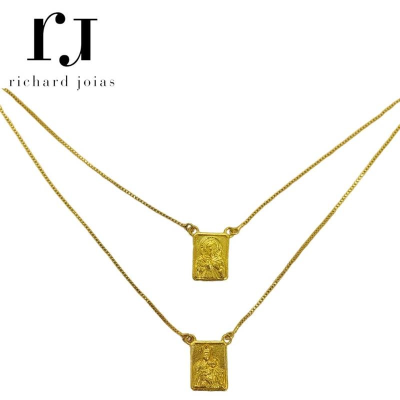 ESCAPULÁRIO DE MOEDA NOSSA SENHORA DO CARMO C/ CORRENTE VENEZIANA FOLHEADA A OURO 60CM